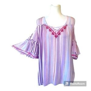 BOUTIQUE ITEM -COLD SHOULDER TOP W/ STRIPES EMBROIDERED & CRISS CROSS NECK